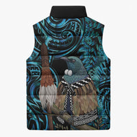New Zealand Tui Bird Taiaha Sleeveless Puffer Jacket Maori Weapon Paua Shell Mix Silver Fern