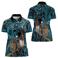 New Zealand Tui Bird Taiaha Women Polo Shirt Maori Weapon Paua Shell Mix Silver Fern