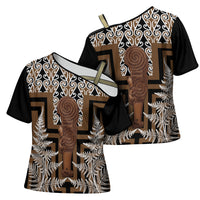Wahaika New Zealand Cross Shoulder Shirt Maori Weapon Kowhaiwhai Fern Poutama Motifs