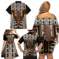 Wahaika New Zealand Family Matching Off Shoulder Short Dress and Hawaiian Shirt Maori Weapon Kowhaiwhai Fern Poutama Motifs