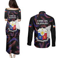 Philippines Football Couples Matching Puletasi Dress and Long Sleeve Button Shirts 2023 World Cup Go Filipinas Feather Black Version LT14 - Polynesian Pride