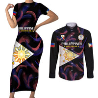 Philippines Football Couples Matching Short Sleeve Bodycon Dress and Long Sleeve Button Shirts 2023 World Cup Go Filipinas Feather Black Version LT14 Black - Polynesian Pride