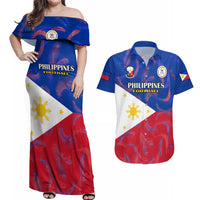 Custom Philippines Football Couples Matching Off Shoulder Maxi Dress and Hawaiian Shirt 2023 World Cup Go Filipinas Feather Flag Version LT14 Blue - Polynesian Pride