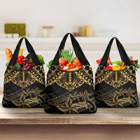 Black and Gold Polynesia Grocery Bag Plumeria Tattoo With Polynesian Pattern
