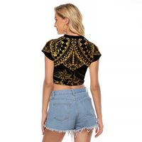 Black and Gold Polynesia Raglan Cropped T Shirt Plumeria Tattoo With Polynesian Pattern