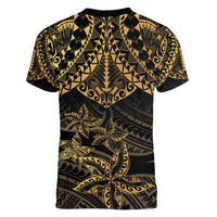 Black and Gold Polynesia Women V-Neck T-Shirt Plumeria Tattoo With Polynesian Pattern