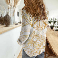 White and Gold Polynesia Women Casual Shirt Plumeria Tattoo With Polynesian Pattern LT14 - Polynesian Pride