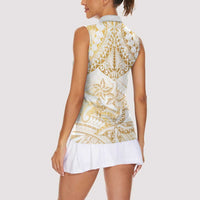 White and Gold Polynesia Women Sleeveless Polo Shirt Plumeria Tattoo With Polynesian Pattern