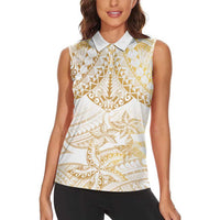 White and Gold Polynesia Women Sleeveless Polo Shirt Plumeria Tattoo With Polynesian Pattern