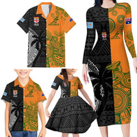 Custom Fiji And Australia Rugby Family Matching Long Sleeve Bodycon Dress and Hawaiian Shirt Fijian Tapa Pattern With Aussie Aboriginal Art LT14 - Polynesian Pride