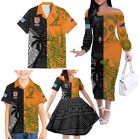 Custom Fiji And Australia Rugby Family Matching Off The Shoulder Long Sleeve Dress and Hawaiian Shirt Fijian Tapa Pattern With Aussie Aboriginal Art LT14 - Polynesian Pride