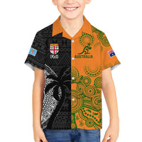 Custom Fiji And Australia Rugby Family Matching Off Shoulder Maxi Dress and Hawaiian Shirt Fijian Tapa Pattern With Aussie Aboriginal Art LT14 Son's Shirt Black - Polynesian Pride