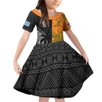 Custom Fiji And Australia Rugby Family Matching Off Shoulder Short Dress and Hawaiian Shirt Fijian Tapa Pattern With Aussie Aboriginal Art LT14 Daughter's Dress Black - Polynesian Pride