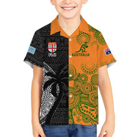 Custom Fiji And Australia Rugby Family Matching Short Sleeve Bodycon Dress and Hawaiian Shirt Fijian Tapa Pattern With Aussie Aboriginal Art LT14 Son's Shirt Black - Polynesian Pride