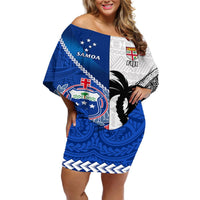 Fiji And Samoa Rugby Off Shoulder Short Dress 2023 World Cup Samoan Mix Tapa Pattern LT14 Women Blue - Polynesian Pride