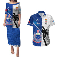 Custom Fiji And Samoa Rugby Couples Matching Puletasi Dress and Hawaiian Shirt 2023 World Cup Samoan Mix Tapa Pattern LT14 Blue - Polynesian Pride