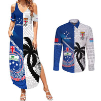 Custom Fiji And Samoa Rugby Couples Matching Summer Maxi Dress and Long Sleeve Button Shirts 2023 World Cup Samoan Mix Tapa Pattern LT14 Blue - Polynesian Pride