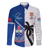 Custom Fiji And Samoa Rugby Family Matching Off Shoulder Long Sleeve Dress and Hawaiian Shirt 2023 World Cup Samoan Mix Tapa Pattern LT14 Dad's Shirt - Long Sleeve Blue - Polynesian Pride