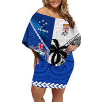 Custom Fiji And Samoa Rugby Family Matching Off Shoulder Short Dress and Hawaiian Shirt 2023 World Cup Samoan Mix Tapa Pattern LT14 Mom's Dress Blue - Polynesian Pride