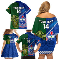 Custom Samoa And Ireland Rugby Family Matching Off Shoulder Short Dress and Hawaiian Shirt 2023 World Cup Manu Samoa With Shamrocks LT14 - Polynesian Pride