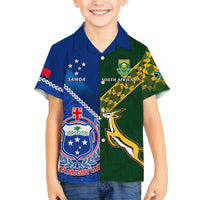 Samoa And South Africa Rugby Family Matching Puletasi Dress and Hawaiian Shirt 2023 World Cup Manu Samoa With Springboks LT14 Son's Shirt Blue - Polynesian Pride