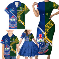 Custom Samoa And South Africa Rugby Family Matching Short Sleeve Bodycon Dress and Hawaiian Shirt 2023 World Cup Manu Samoa With Springboks LT14 - Polynesian Pride