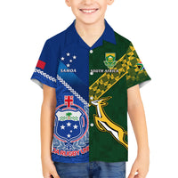 Custom Samoa And South Africa Rugby Family Matching Short Sleeve Bodycon Dress and Hawaiian Shirt 2023 World Cup Manu Samoa With Springboks LT14 Son's Shirt Blue - Polynesian Pride