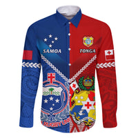 Custom Samoa And Tonga Rugby Family Matching Off Shoulder Maxi Dress and Hawaiian Shirt 2023 World Cup Manu Samoa With Ikale Tahi LT14 Dad's Shirt - Long Sleeve Blue - Polynesian Pride