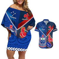 Samoa And France Rugby Couples Matching Off Shoulder Short Dress and Hawaiian Shirt 2023 World Cup Manu Samoa With Les Bleus LT14 Blue - Polynesian Pride