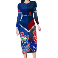 Samoa And France Rugby Family Matching Long Sleeve Bodycon Dress and Hawaiian Shirt 2023 World Cup Manu Samoa With Les Bleus LT14 Mom's Dress Blue - Polynesian Pride