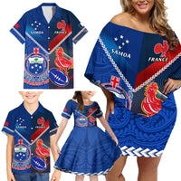 Samoa And France Rugby Family Matching Off Shoulder Short Dress and Hawaiian Shirt 2023 World Cup Manu Samoa With Les Bleus LT14 - Polynesian Pride