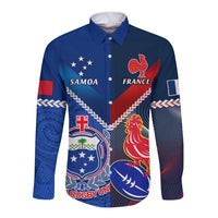 Samoa And France Rugby Long Sleeve Button Shirt 2023 World Cup Manu Samoa With Les Bleus LT14 Unisex Blue - Polynesian Pride