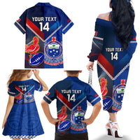 Custom Samoa And France Rugby Family Matching Off Shoulder Long Sleeve Dress and Hawaiian Shirt 2023 World Cup Manu Samoa With Les Bleus LT14 - Polynesian Pride