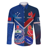 Custom Samoa And France Rugby Family Matching Short Sleeve Bodycon Dress and Hawaiian Shirt 2023 World Cup Manu Samoa With Les Bleus LT14 Dad's Shirt - Long Sleeve Blue - Polynesian Pride