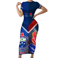 Custom Samoa And France Rugby Family Matching Short Sleeve Bodycon Dress and Hawaiian Shirt 2023 World Cup Manu Samoa With Les Bleus LT14 Mom's Dress Blue - Polynesian Pride