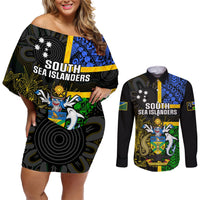 Personalised South Sea Islanders Couples Matching Off Shoulder Short Dress and Long Sleeve Button Shirts Kanakas With Solomon Islands Coat Of Arms LT14 Black - Polynesian Pride