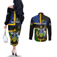 Personalised South Sea Islanders Couples Matching Off The Shoulder Long Sleeve Dress and Long Sleeve Button Shirts Kanakas With Solomon Islands Coat Of Arms LT14 - Polynesian Pride