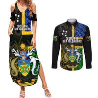 Personalised South Sea Islanders Couples Matching Summer Maxi Dress and Long Sleeve Button Shirts Kanakas With Solomon Islands Coat Of Arms LT14 Black - Polynesian Pride
