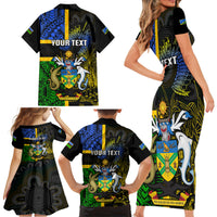 Personalised South Sea Islanders Family Matching Short Sleeve Bodycon Dress and Hawaiian Shirt Kanakas With Solomon Islands Coat Of Arms LT14 - Polynesian Pride