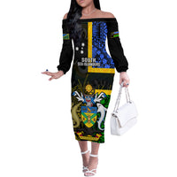 Personalised South Sea Islanders Off The Shoulder Long Sleeve Dress Kanakas With Solomon Islands Coat Of Arms LT14 Women Black - Polynesian Pride