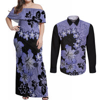Purple Hawaii Couples Matching Off Shoulder Maxi Dress and Long Sleeve Button Shirt Tapa Cloth Mix Tropical Flowers Pastel Vibes LT14 Purple - Polynesian Pride
