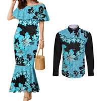 Blue Hawaii Couples Matching Mermaid Dress and Long Sleeve Button Shirt Tapa Cloth Mix Tropical Flowers Pastel Vibes LT14 Blue - Polynesian Pride