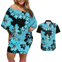 Blue Hawaii Couples Matching Off Shoulder Short Dress and Hawaiian Shirt Tapa Cloth Mix Tropical Flowers Pastel Vibes LT14 Blue - Polynesian Pride