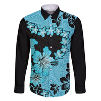 Blue Hawaii Family Matching Off Shoulder Long Sleeve Dress and Hawaiian Shirt Tapa Cloth Mix Tropical Flowers Pastel Vibes LT14 Dad's Shirt - Long Sleeve Blue - Polynesian Pride