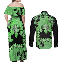 Green Hawaii Couples Matching Off Shoulder Maxi Dress and Long Sleeve Button Shirt Tapa Cloth Mix Tropical Flowers Pastel Vibes LT14 - Polynesian Pride