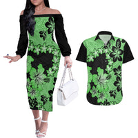 Green Hawaii Couples Matching Off The Shoulder Long Sleeve Dress and Hawaiian Shirt Tapa Cloth Mix Tropical Flowers Pastel Vibes LT14 Green - Polynesian Pride