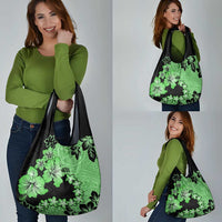 Green Hawaii Grocery Bag Tapa Cloth Mix Tropical Flowers Pastel Vibes