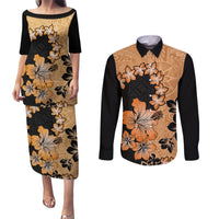 Orange Hawaii Couples Matching Puletasi Dress and Long Sleeve Button Shirt Tapa Cloth Mix Tropical Flowers Pastel Vibes LT14 Orange - Polynesian Pride