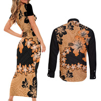 Orange Hawaii Couples Matching Short Sleeve Bodycon Dress and Long Sleeve Button Shirt Tapa Cloth Mix Tropical Flowers Pastel Vibes LT14 - Polynesian Pride