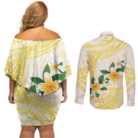 Gold And White Polynesia Plumeria Couples Matching Off Shoulder Short Dress and Long Sleeve Button Shirt Curves Tropical Vibes